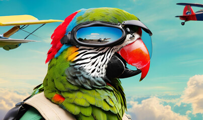 Pilot Parrot: Parrots with aviator glasses and helmets, flying small planes, sky backdrop, travel advertisement, adventurous and colorful.