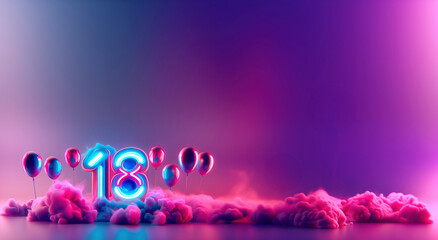 neon number 18 surrounded by pink balloons and pink smoke on the ground with simple purple background. birthday concept, copy space