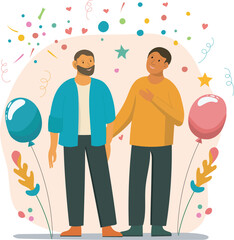 friendship illustration with mens.  background vector. Two men stand side-by-side, smiling