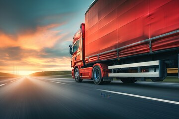 Photo of a truck driving on the highway, moving forward with a fast motion blur background. Trucking and global logistics concept. 
