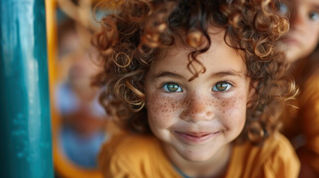 A smiling child with curly hair and freckles is captured in a close-up shot, wearing a golden top. Bright eyes and an engaging expression convey innocence and joy. - Powered by Adobe