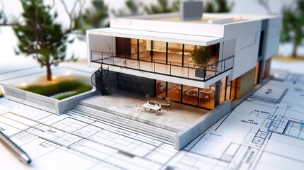 Projet de construction d'une maison d'habitation moderne d'architecte sous forme d'esquisse avec plan 