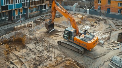 Excavator working on a construction site. Heavy duty construction equipment. 