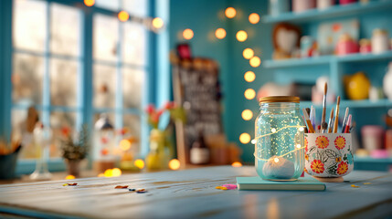 Cozy Home Studio with Jar of Fairy Lights and Colorful Art Supplies on Desk
