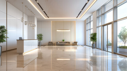 Modern Lobby with Elegant Design, Marble Flooring and Natural Light, Reception Desk and Seating Area
