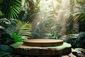 Obraz premium A wooden platform with a green leafy background. The platform is empty and has a natural, organic feel to it