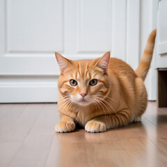 Alert Ginger Tabby Cat Lying on Wooden Floor, Indoor Setting with White Background Generative AI