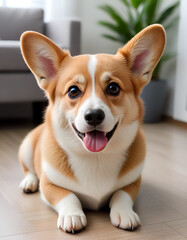 Cute Corgi puppy sitting on floor, isolated studio portrait of small doggy breed Generative AI