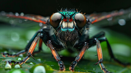 Fototapeta premium A macro shot of a fly with intricate details on its eyes and body, resting on a green leaf, representing the fascinating world of insects.