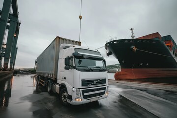 A truck carrying a container on a dock with a cargo ship in the background, representing the global logistics and transportation industry. 