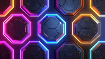 Animated sci fi neon game rank avatar metal hexagon frame modern set. Cartoon isolated futuristic iron level border badge. Steel user asset kit. Silver ranking template with empty colours.