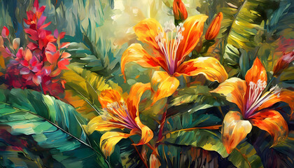 colorful tropical flowers art painted on the walls. The composition combines traditional painting techniques with digital elements to showcase the rich, exotic beauty of the flowers