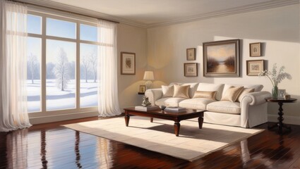 Fototapeta premium Serenene living room, rendered in warm and inviting oil paints, filled with gentle morning light that pours through the expansive window, casting a soft glow on the plush white sofa