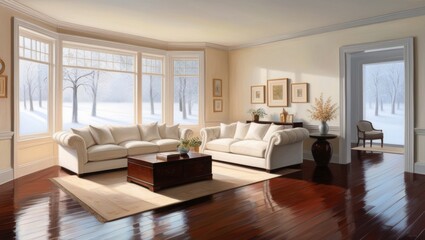 Serenene living room, rendered in warm and inviting oil paints, filled with gentle morning light that pours through the expansive window, casting a soft glow on the plush white sofa
