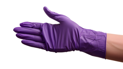 Hands wearing purple nitrile gloves Raised and isolated on transparent background.