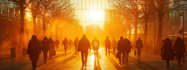 A group of people walking down a street in the sun. The sun is setting and the sky is orange