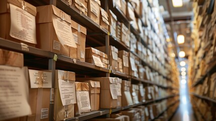 Obraz premium Shelves of neatly labeled corporate documents and contracts in a well-organized archive room