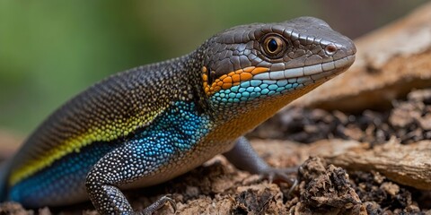 Naklejka premium Close up of a Broad Headed Skink displaying vibrant colors during breeding season, reptile, lizard, wildlife, nature, animal, scales, colorful, vibrant, breeding season, close up, macro.