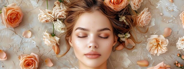 A woman is laying on a bed with flowers around her. She has a light makeup look on and her hair is styled in a bun. The flowers are orange and pink, and they are scattered around her head