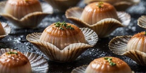 Close up of raw fresh scallops presented on their shells ready to be cooked and prepared for a delicious gourmet culinary dish or meal The scallops display a natural.