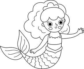 Fairy tale black and white vector mermaid. Fantasy fish girl isolated on white background. Fairytale sea princess. Treasure island, pirate, underwater line icon. Cute girlish siren,, coloring page