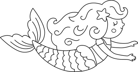Fairy tale black and white vector swimming mermaid. Fantasy fish girl isolated on white background. Fairytale sea princess. Treasure island, underwater adventure line icon. Cute siren coloring page