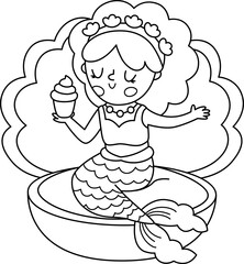 Fairy tale black and white vector mermaid sitting on a shell, eating cupcake. Fantasy fish girl isolated on white background. Fairytale sea princess. Cute siren coloring page. Underwater line icon