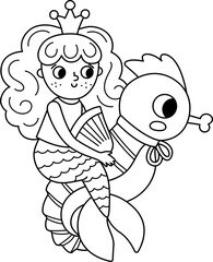 Fairy tale black and white vector mermaid riding seahorse. Fantasy girl isolated on white background. Fairytale sea princess. Cute siren coloring page with pet animal. Underwater line icon