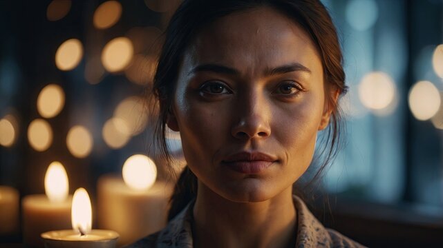 A woman radiating compassion and warmth her face aglow with an expression of inner peace and heartfelt connection.