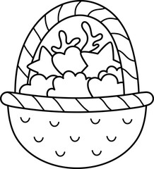 Vector black and white basket with seashells, sea stars and seaweeds. Ocean harvest line icon or coloring page. Summer, underwater, ocean life clipart. Mermaid illustration for kids