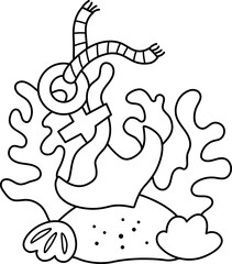 Vector black and white marine composition with rock, seaweeds, seashell, torn ship anchor. Mermaid land concept. Ocean or sea life nature decoration. Lost pirate ship line element or coloring page