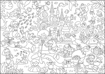 Vector black and white mermaid land landscape illustration with castle, fish, seaweeds, treasure, princess. Under the sea, ocean kingdom line scene or coloring page. Horizontal fairytale background