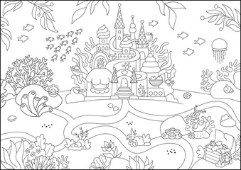 Fototapeta premium Vector black and white mermaid land landscape illustration with castle, fish, seaweeds, treasure. Under the sea or ocean kingdom line scene. Cute horizontal water nature background or coloring page