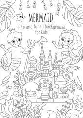 Fototapeta premium Vector black and white landscape illustration with mermaid and boy with trident, crown. Ocean or sea kingdom line scene with marine princess, prince, castle. Vertical fairytale background