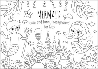 Fototapeta premium Vector black and white landscape illustration with mermaid and boy with trident, crown. Ocean or sea kingdom line scene with marine princess, prince, castle. Cute horizontal fairytale background