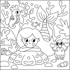 Vector black and white landscape illustration with mermaid talking to crab. Ocean or sea kingdom line scene with seaweeds, seahorse, marine princess. Square fairytale coloring page for kids