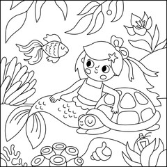 Vector black and white landscape illustration with mermaid sitting on sand, hugging tortoise. Ocean, sea kingdom line scene with fish, marine princess. Square fairytale coloring page for kids