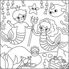 Vector black and white landscape illustration with mermaid and boy with trident, crown. Ocean or sea kingdom line scene with marine princess, prince, treasure chest. Square fairytale coloring page