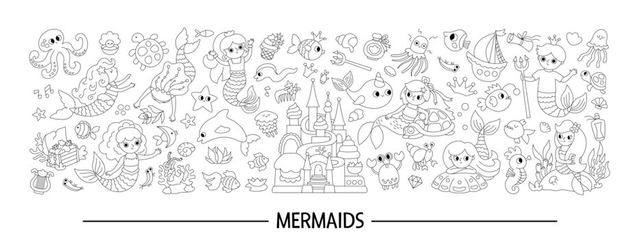 Vector black and white horizontal set with mermaids, castle, water animals. Underwater kingdom line card template design with ocean princess, prince. Marine sea border with sirens or coloring page