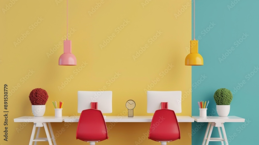 Wall mural A bright yellow wall with two red chairs and two white chairs