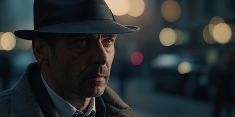 A suspenseful scene unfolds as a detective follows clues, promoting a gripping crime series , advertising style, copy space.