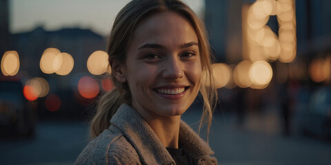A young woman smiles confidently, her face glowing in the soft light of the city at dusk.