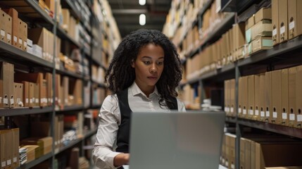 A corporate archivist using a laptop to access digital business records in a sleek archive facility