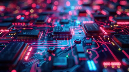 Fototapeta premium A computer chip is shown in a bright red and blue color scheme