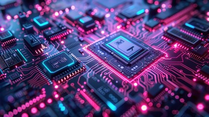 Obraz premium A computer chip with a blue and pink background