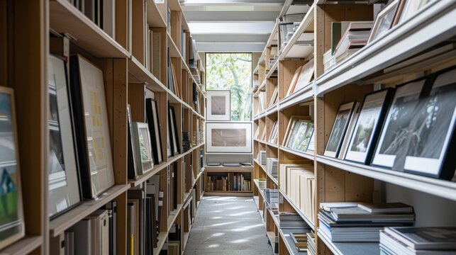Shelves of neatly organized art portfolios and photographic prints in a well-lit archive room