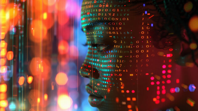 Artificial inteligence face with digital code overlay and bokeh lights - Powered by Adobe