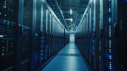 Rows of servers and digital storage devices in a modern archive facility, with blinking lights indicating data activity