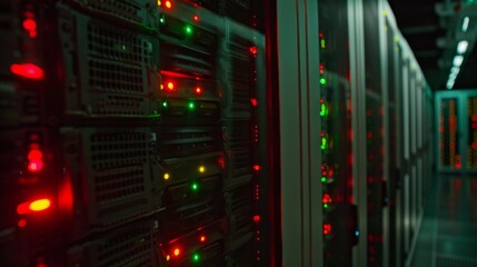 Obraz premium Rows of servers and digital storage devices in a modern archive facility, with blinking lights indicating data activity