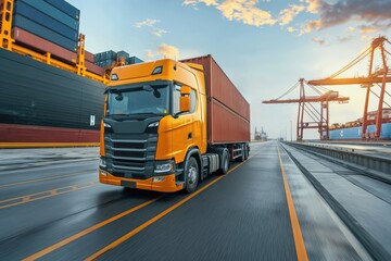 A truck carrying a container on a dock with a cargo ship in the background, representing the global logistics and transportation industry. 